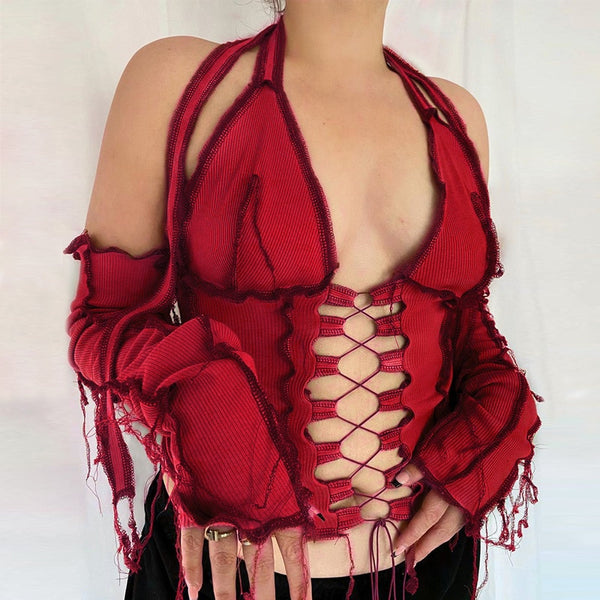 2020 Backless Halter Ribbed Tie Front Top Women Long Sleeve Hollow Out Lace Up T Shirts Patchwork Sexy Bodycon Y2K Crop Top