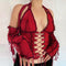 2020 Backless Halter Ribbed Tie Front Top Women Long Sleeve Hollow Out Lace Up T Shirts Patchwork Sexy Bodycon Y2K Crop Top