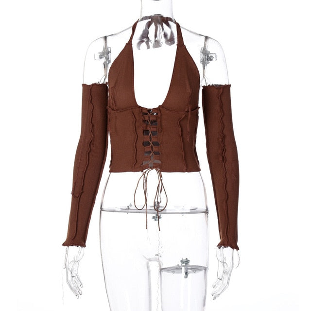 2020 Backless Halter Ribbed Tie Front Top Women Long Sleeve Hollow Out Lace Up T Shirts Patchwork Sexy Bodycon Y2K Crop Top