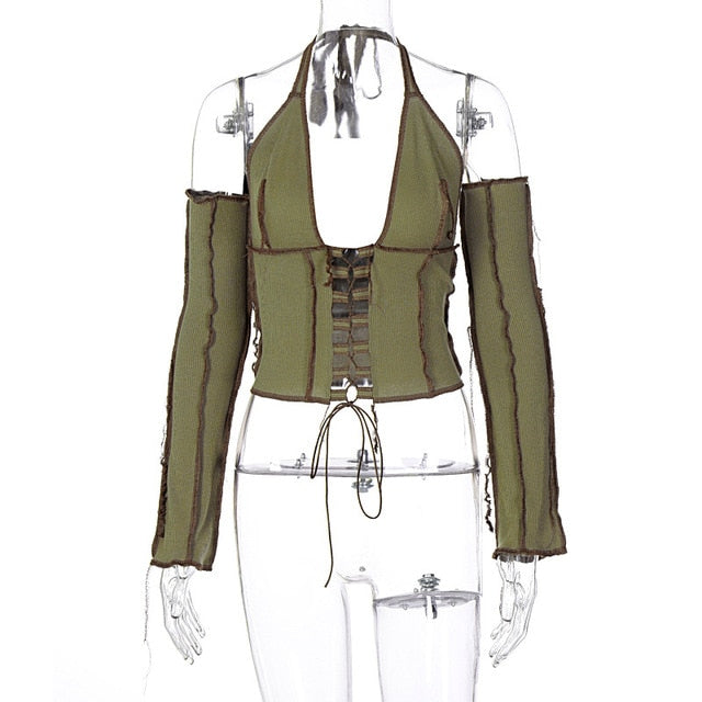 2020 Backless Halter Ribbed Tie Front Top Women Long Sleeve Hollow Out Lace Up T Shirts Patchwork Sexy Bodycon Y2K Crop Top