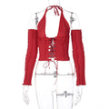 2020 Backless Halter Ribbed Tie Front Top Women Long Sleeve Hollow Out Lace Up T Shirts Patchwork Sexy Bodycon Y2K Crop Top