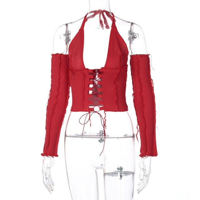 2020 Backless Halter Ribbed Tie Front Top Women Long Sleeve Hollow Out Lace Up T Shirts Patchwork Sexy Bodycon Y2K Crop Top