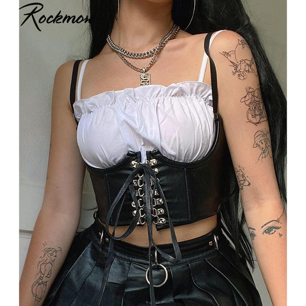 Rockmore Gothic PU Leather Corset Women Lace Up Crop Top Punk Style Corselet Wear Out Bustiers Cummerbunds Tops Streetwear mujer