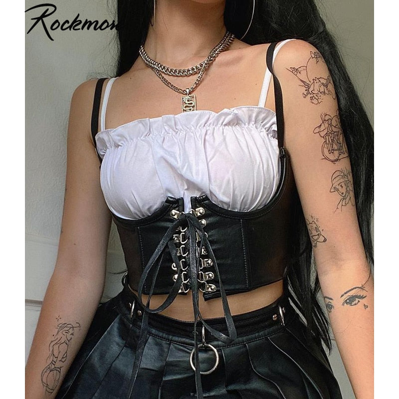 Rockmore Gothic PU Leather Corset Women Lace Up Crop Top Punk Style Corselet Wear Out Bustiers Cummerbunds Tops Streetwear mujer