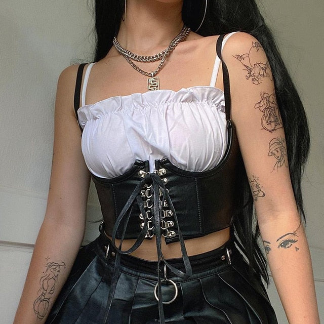 Rockmore Gothic PU Leather Corset Women Lace Up Crop Top Punk Style Corselet Wear Out Bustiers Cummerbunds Tops Streetwear mujer