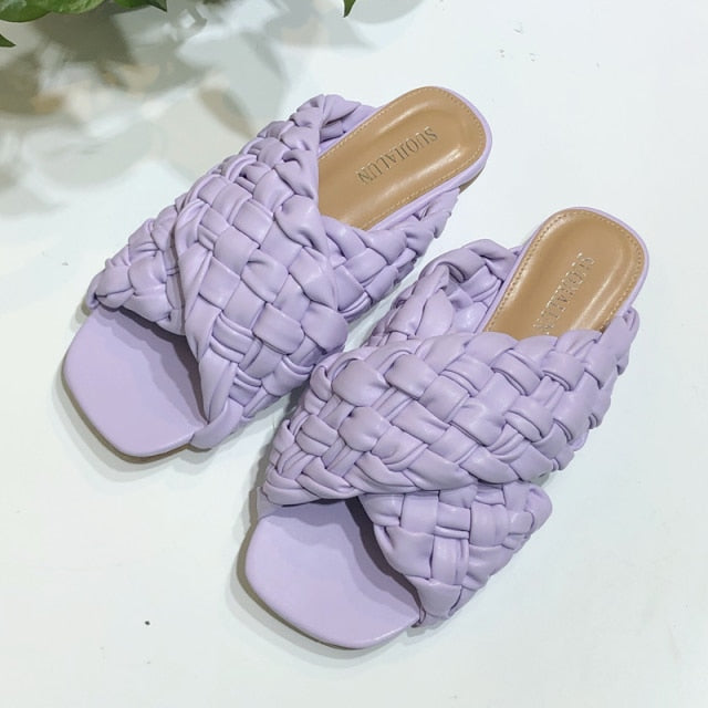 SUOJIALUN Summer Women Slipper Brand Weave Ladies Sandal Shoes Low Open Toe Flat Casual Slides Beach Flip Flops Big Size 35-42