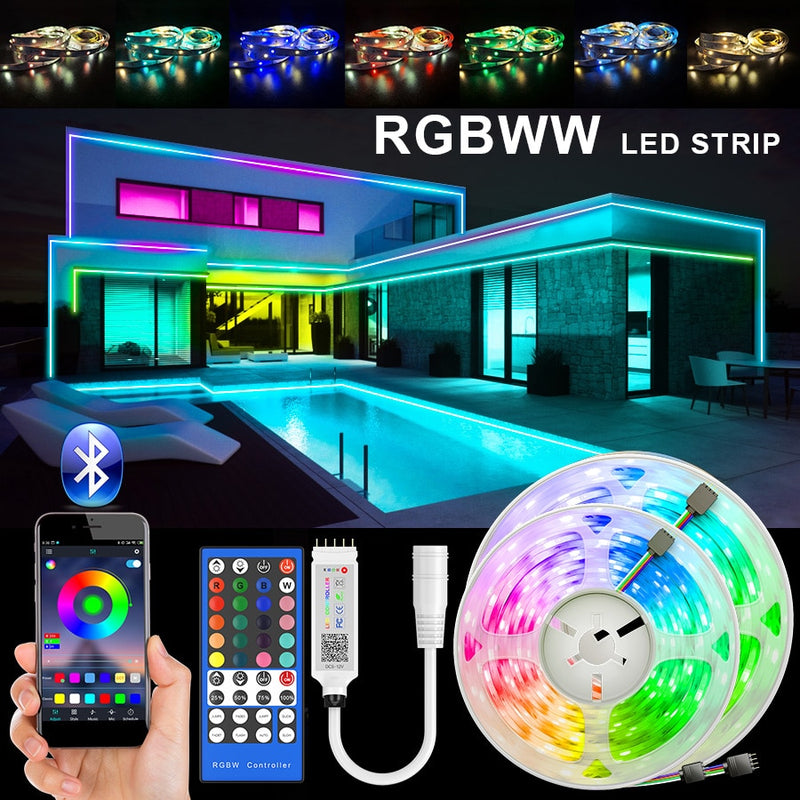 RGBWW LED Strip Light SMD 5050 10M 5M LED Lights Waterproof DC12V RGB Led tape diode ribbon Flexible APP Phone Control+adapter
