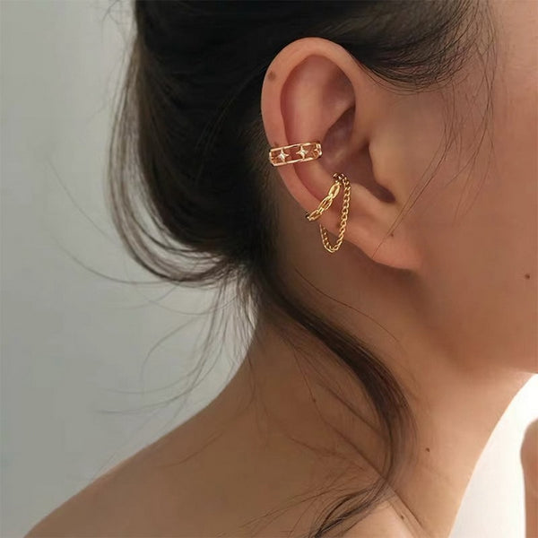 Rock Vintage Star Chain Tassel Clip Earrings For Women Fake Piercing Earbone Ear Cuff Jewelry Gifts