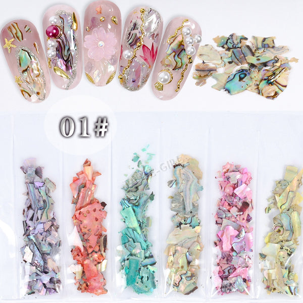 6 Grids/Pack Beauty Color-changing Abalone Natural Sea Shell Fragments Texture Nail Art Flakes Decoration Slice DIY Manicure AB