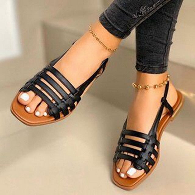 Flat Sandals Ladies Summer Outdoor Fashion Leather Flat Shoes Round Toe Elegent Slipper Adjustable Buckle Strap Casual sandals