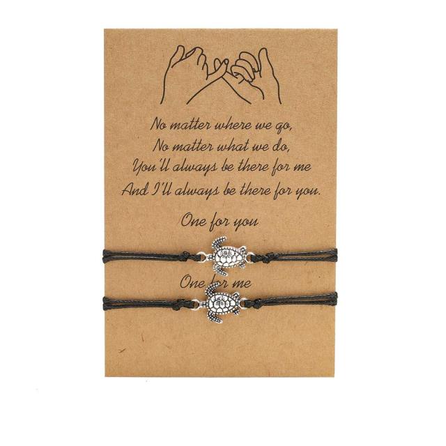 Handmade Braided Black Rope Bracelet Silver Color Bohemian Sun&Moon Charm Bracelets For Women Men Pinky Promise Card Bracelet