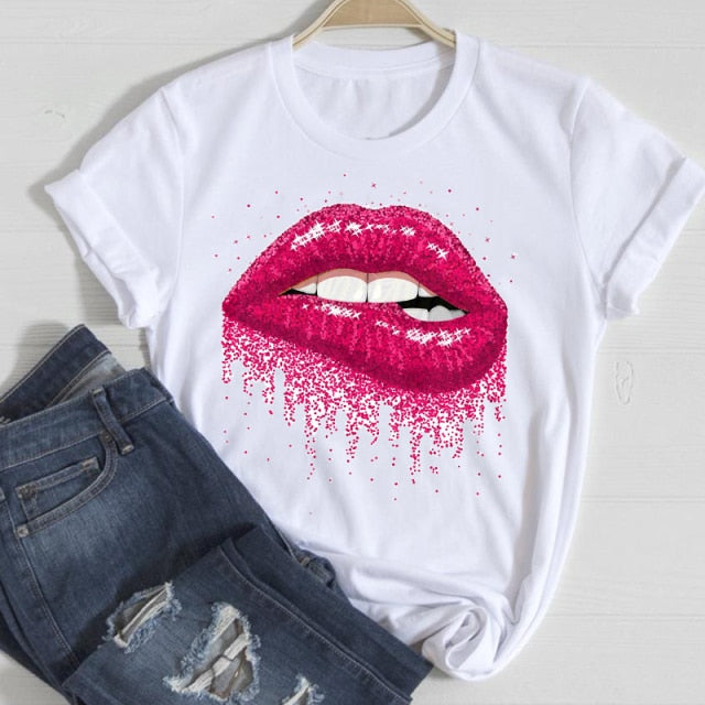 T-shirts Women Lip Leopard Love Fashion 90s Trend 2021 Spring Summer Clothes Graphic Tshirt Top Lady Print Female Tee T-Shirt