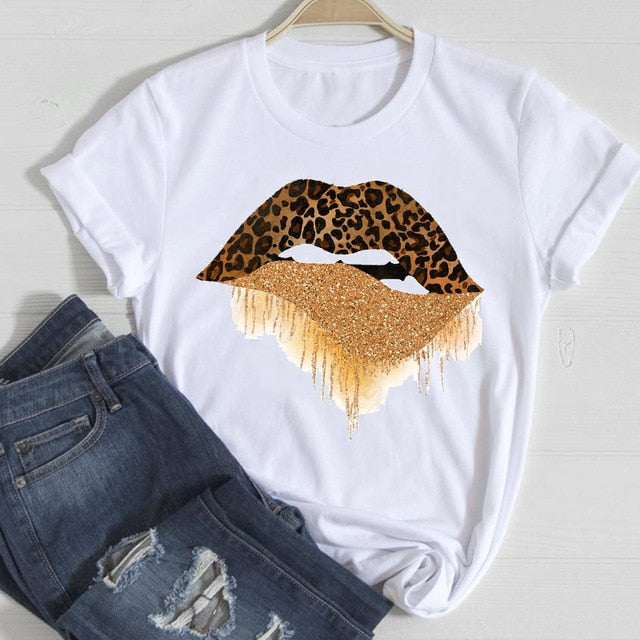 T-shirts Women Lip Leopard Love Fashion 90s Trend 2021 Spring Summer Clothes Graphic Tshirt Top Lady Print Female Tee T-Shirt