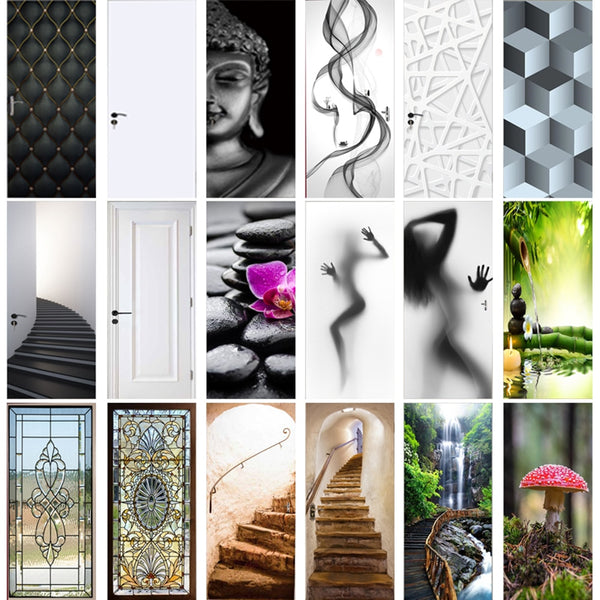 Modern Geometric Door Sticker Self Adhesive Vinyl Retro Stair Pattern Wall Sticker Waterproof Natural Scenery Home Decor Decal