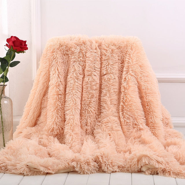 XC USHIO Super Soft Long Faux Fur Coral Fleece Blanket Warm Elegant Cozy With Fluffy Sherpa Throw Blanket Bed Sofa Blankets Gift