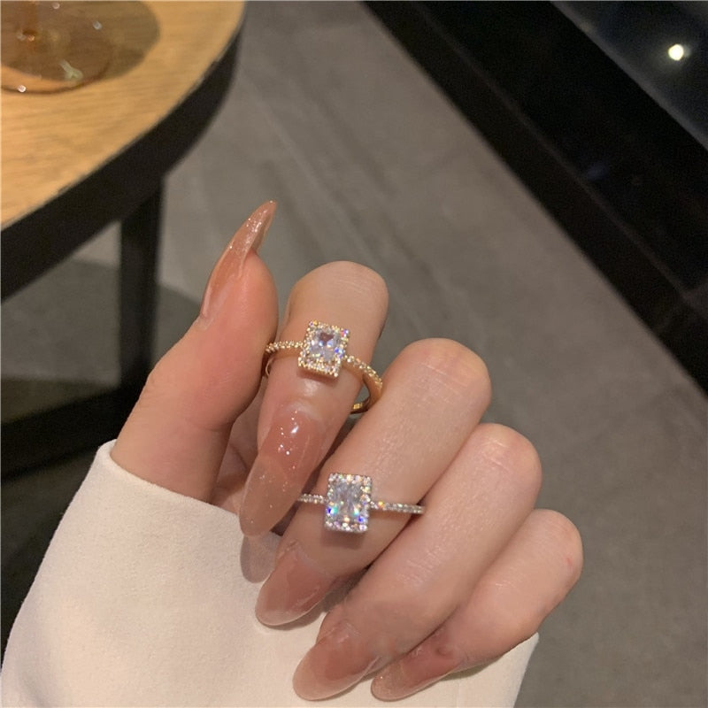 MENGJIQIAO Korean Delicate Square Cubic Zircon Rings For Women Girls Micro Paved Open Adjustable Ring Fashion Jewelry Gifts