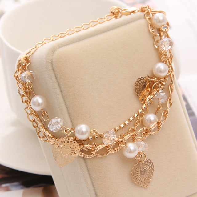 2020 New Woman Bracelets Mulitlayer Gold Color Chain Heart Bracelets & Bangles Charm Bracelets For Women Crystal Bracelets