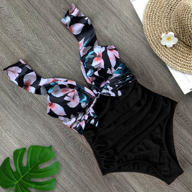 2020 Sexy New Ruffle One Piece Swimsuit Off The Shoulder Swimwear Women Swimsuit Deep-V Bathing Suits Beach Wear Swim Suit