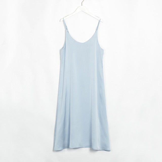 Wixra Sexy Strap Backless Satin Dress Loose Dresses Spring Summer New Sleeveless Basic Solid Womens Clothing