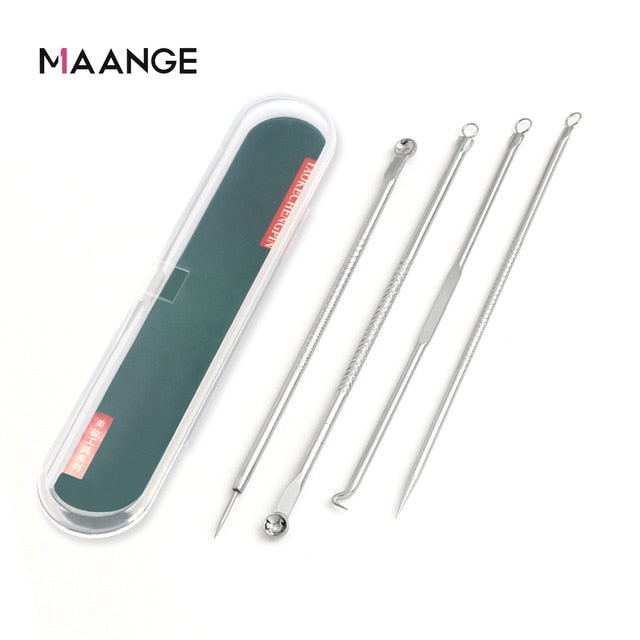 MAANGE 4Pc/Set Stainless Steel Blackhead Removal Kit Acne Blemish Pimple Extractor Remover Needles Cosmetic Face Cleaning Tool
