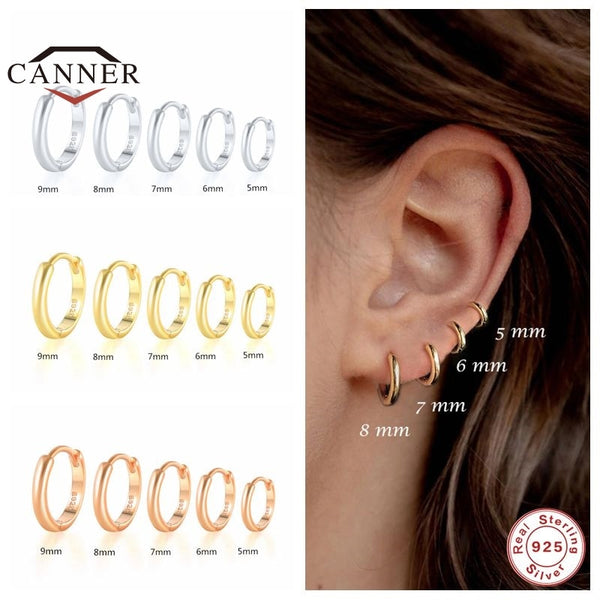 CANNER 5/6/7/8/9mm Real 925 Sterling Silver Hoop Earrings for Women Piercing Earings Round Circle Earring Jewelry pendientes
