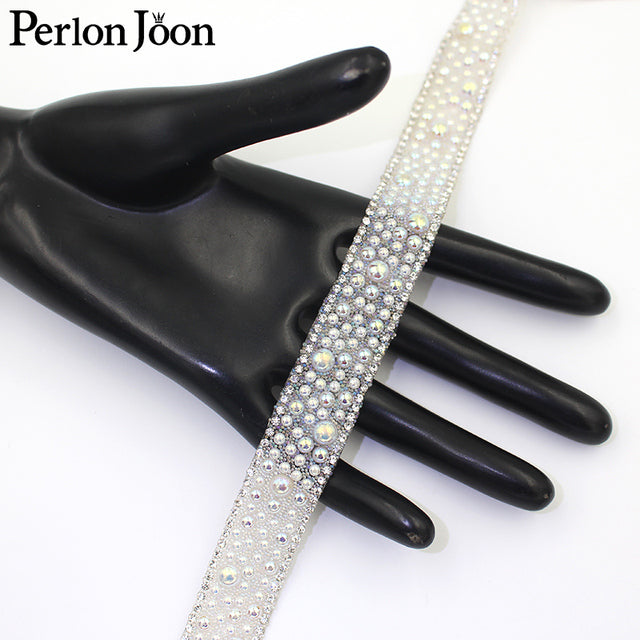 1 yard white pearl rhinestone hot fix tape ribbon glass crystal rhinestone decoration iron on shoes clothing accessories TR020