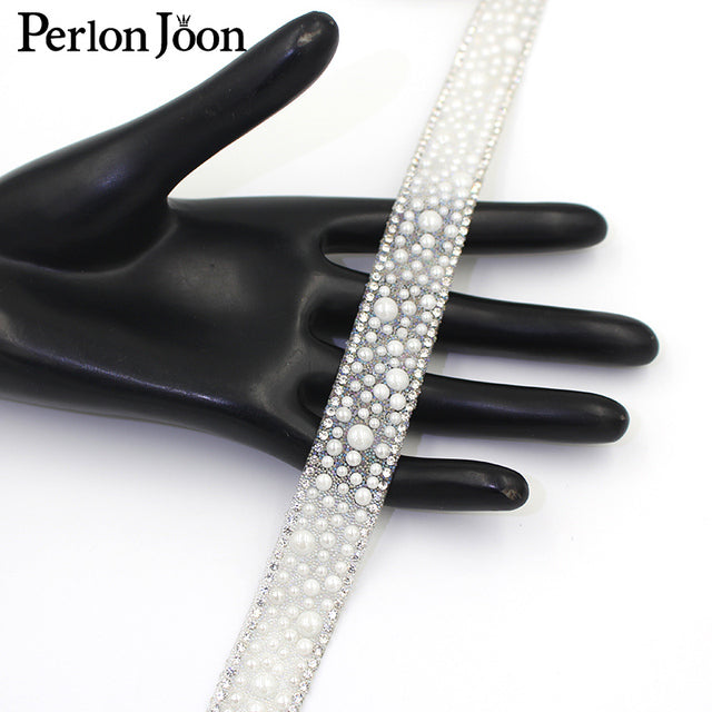 1 yard white pearl rhinestone hot fix tape ribbon glass crystal rhinestone decoration iron on shoes clothing accessories TR020