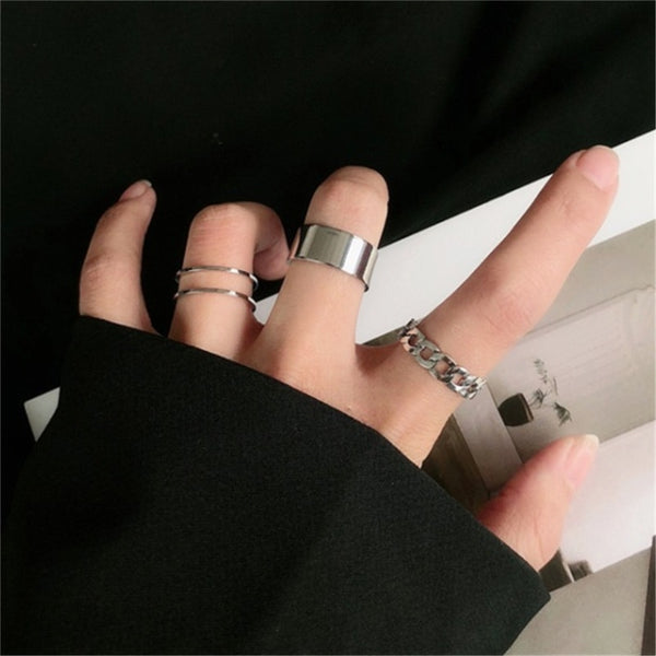 Punk Metal Geometric Round Ring Set Silver Color Open Rings for Women Fashion Finger Accessories Buckle Joint Tail Ring Jewelry