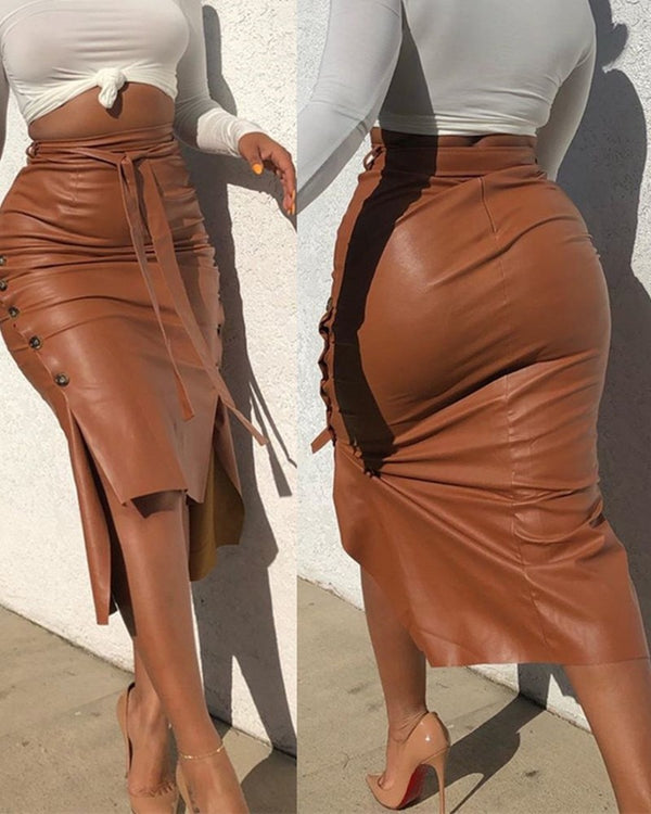 Women Trendy PU Leather Midi Skirt Solid Color High Waist Lace-up Side Button Slim Skinny Pencil Skirt for Ladies Streetwear