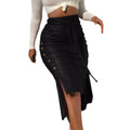 Women Trendy PU Leather Midi Skirt Solid Color High Waist Lace-up Side Button Slim Skinny Pencil Skirt for Ladies Streetwear
