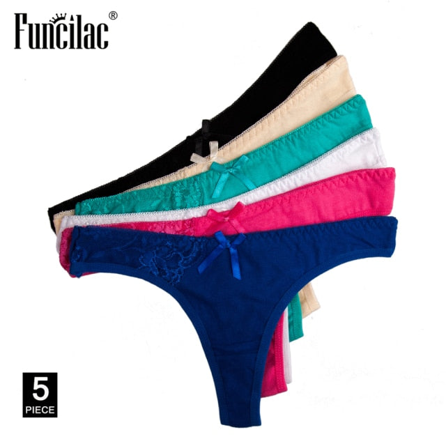 Women Sexy Lace G-Strings Cotton Thongs Bikini Panties Ladies Underpants Briefs Set Stripe Underwear Lingerie 5 Pcs/lot FUNCILAC