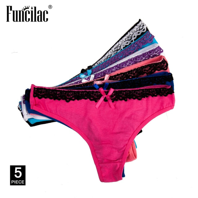 Women Sexy Lace G-Strings Cotton Thongs Bikini Panties Ladies Underpants Briefs Set Stripe Underwear Lingerie 5 Pcs/lot FUNCILAC