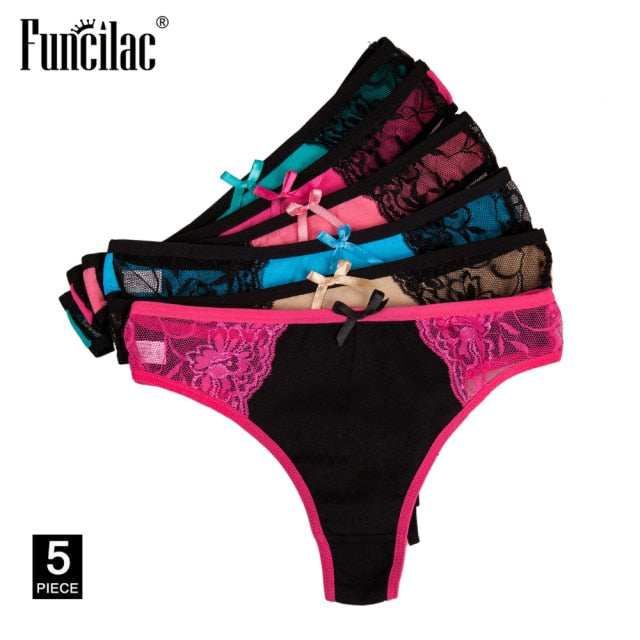 Women Sexy Lace G-Strings Cotton Thongs Bikini Panties Ladies Underpants Briefs Set Stripe Underwear Lingerie 5 Pcs/lot FUNCILAC