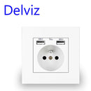 Delviz French Standard Socket, AC 100~250V, Dual USB Charger Port for Mobile, White With switch panel, 16A Wall Power USB Socket