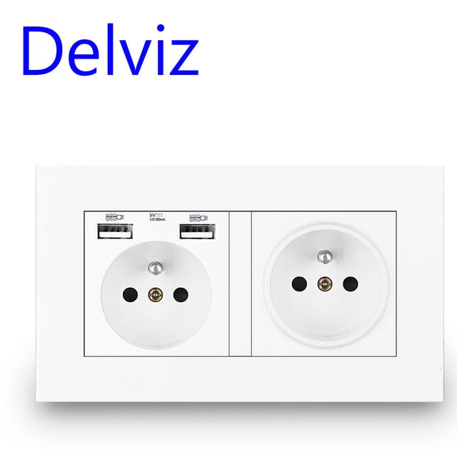 Delviz French Standard Socket, AC 100~250V, Dual USB Charger Port for Mobile, White With switch panel, 16A Wall Power USB Socket