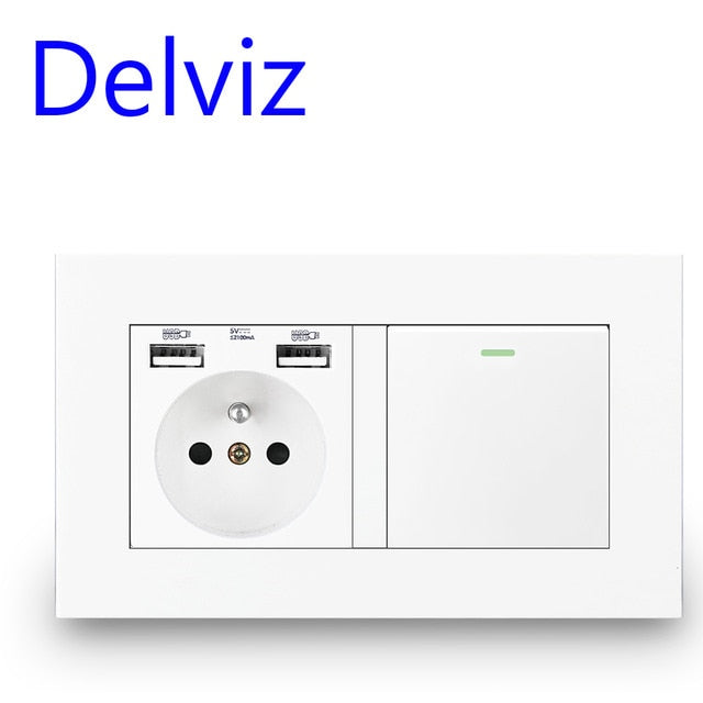 Delviz French Standard Socket, AC 100~250V, Dual USB Charger Port for Mobile, White With switch panel, 16A Wall Power USB Socket
