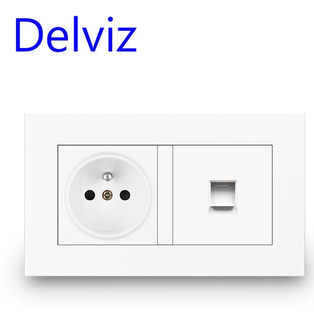Delviz French Standard Socket, AC 100~250V, Dual USB Charger Port for Mobile, White With switch panel, 16A Wall Power USB Socket