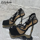 Eilyken 2021 New Sexy Yellow Mesh Pumps Sandals Female Square Toe high heel Lace Up Cross-tied Stiletto hollow Dress shoes