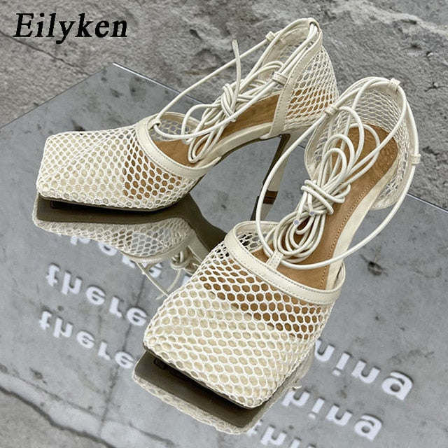 Eilyken 2021 New Sexy Yellow Mesh Pumps Sandals Female Square Toe high heel Lace Up Cross-tied Stiletto hollow Dress shoes