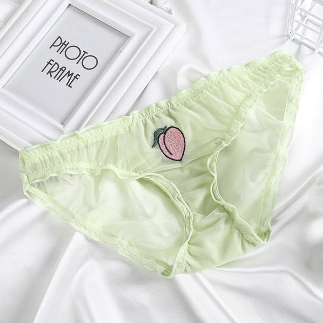 BIONEK Women Sexy Lace Underwear Ruffle Panties Japanese Lolita Style Transparent Seersucker Lingerie Fruit Embroidery Briefs