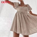 OOTN Vintage Casual Short Dress Summer Women Puff Sleeve A Line Dresses High Waist Square Collar Linen Ladies Dress Khaki 2021