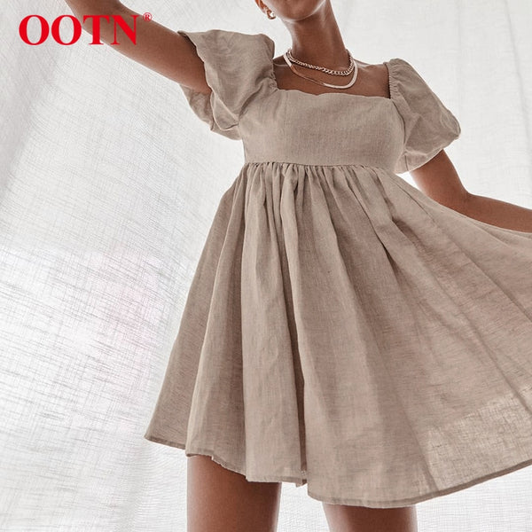OOTN Vintage Casual Short Dress Summer Women Puff Sleeve A Line Dresses High Waist Square Collar Linen Ladies Dress Khaki 2021