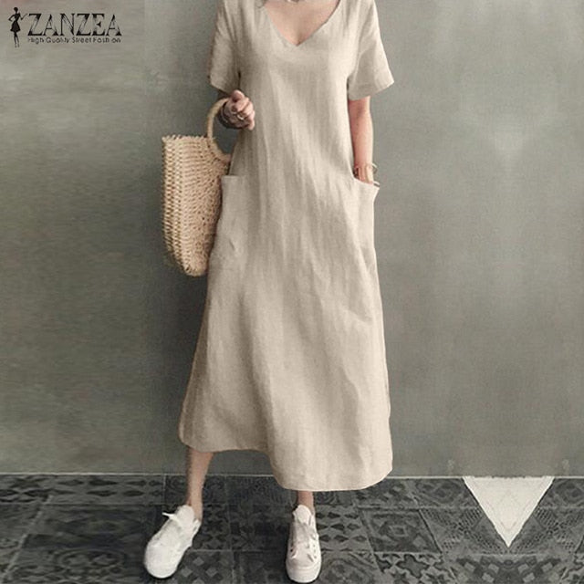 ZANZEA 2021 Women Long Maxi Summer Dress Casual Cotton Linen  Ladies Big Pockets Beach Party Robe Femme Vestidos