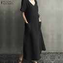 ZANZEA 2021 Women Long Maxi Summer Dress Casual Cotton Linen  Ladies Big Pockets Beach Party Robe Femme Vestidos