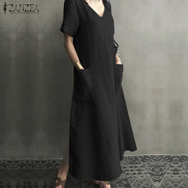 ZANZEA 2021 Women Long Maxi Summer Dress Casual Cotton Linen  Ladies Big Pockets Beach Party Robe Femme Vestidos