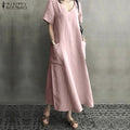 ZANZEA 2021 Women Long Maxi Summer Dress Casual Cotton Linen  Ladies Big Pockets Beach Party Robe Femme Vestidos