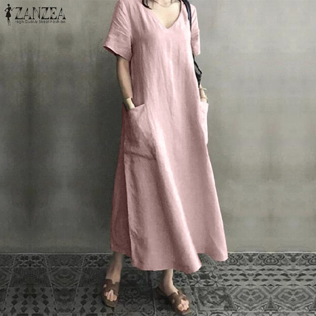 ZANZEA 2021 Women Long Maxi Summer Dress Casual Cotton Linen  Ladies Big Pockets Beach Party Robe Femme Vestidos