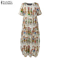 ZANZEA Fashion Summer Maxi Dress Women's Printed Sundress Casual Short Sleeve Vestidos Female High Waist Robe Femme