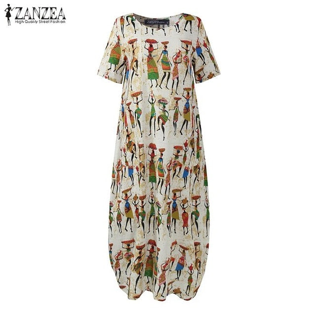 ZANZEA Fashion Summer Maxi Dress Women's Printed Sundress Casual Short Sleeve Vestidos Female High Waist Robe Femme