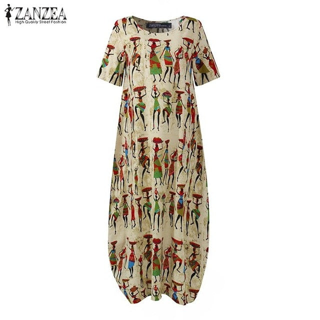 ZANZEA Fashion Summer Maxi Dress Women's Printed Sundress Casual Short Sleeve Vestidos Female High Waist Robe Femme